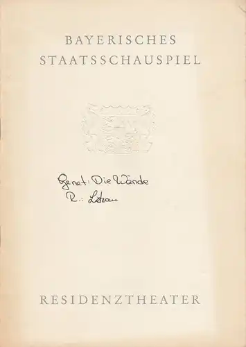 Bayerisches Staatsschauspiel, Helmut Henrichs, Ernst Wendt: Programmheft Jean Genet DIE WÄNDE Premiere 9. Febraur 1968 Residenztheater. 