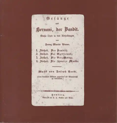 Hamburgische Staatsoper, Chistoph von Dohnanyi, Peter Dannenberg, Ingeborg Bernerth: Programmheft Giuseppe Verdi ERNANI 22. März 1981. 