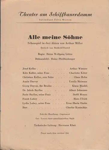 Theater am Schiffbauerdamm, Fritz Wisten: Theaterzettel Arthur Miller ALLE MEINE SÖHNE 1949. 
