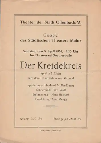 Theater der Stadt Offenbach: Programmheft Klabund DER KREIDEKREIS 5.April 1952 Theatersaal Goethestr. 