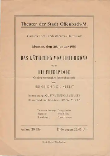 Theater der Stadt Offenbach: Programmheft Heinrich von Kleist DAS KÄTHCHEN VON HEILBRONN 26.Januar 1953. 