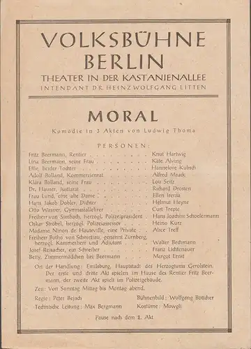Volksbühne Berlin, Heinz Wolfgang Litten: Theaterzettel Ludwig Thoma MORAL 1948 Theater in der Kastanienallee. 