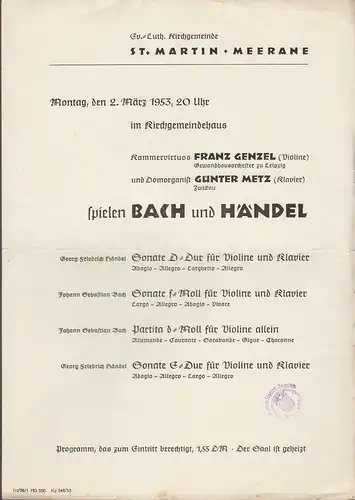Ev. Luth. Kirchgemeinde St. Martin Meerane: Theaterzettel KONZERT 2. März 1953. 