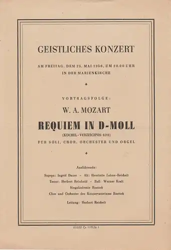 Marienkirche: Programmheft W. A. Mozart REQUIEM IN D-MOLL 25. Mai 1956 Marienkirche. 