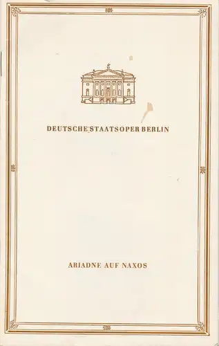 Deutsche Staatsoper Berlin, Deutsche Demokratische Republik, Günter Rimkus, Wilfried Werz: Programmheft Richard Strauss ARIADNE AUF NAXOS 2. März 1989. 