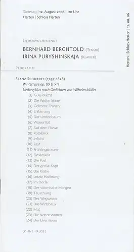 Initiativkreis Ruhrgebiet, Franz Xaver Ohnesorg, Peter Lampe: Programmheft LIEDERWOCHENENDE 12. August 2006 Herten / Schloss Herten. 