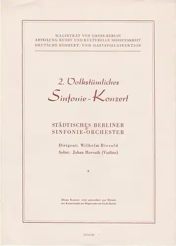 Deutsche Konzert- und Gastspieldirektion: Programmheft STÄDTISCHES BERLINER SINFONIE-ORCHESTER 2. VOLKSTÜMLICHES SINFONIE-KONZERT ca. 1953/ 54. 