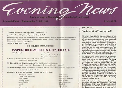 Städtische Theater Karl-Marx-Stadt, Gerhard Meyer, Gunild Lattmann, Ilona Langer: Programmheft Saul O'Hara INSPEKTOR CAMPBELLS LETZTER FALL 5. Juli 1967 Schauspielhaus. 