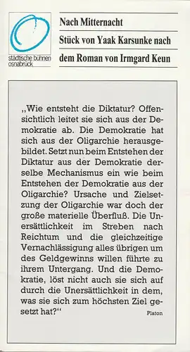 Städtische Bühnen Osnabrück, Erdmut Christian August, Wilfried Harlandt: Programmheft Uraufführung Yaak Karsunke NACH MITTERNACHT 16. Februar 1982 Spielzeit 1981 / 82 Großes Haus Heft 10. 