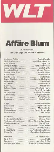 Westfälisches Landestheater WLT, Herbert Hauck, Ernst Franz, Jost Krüger: Programmheft AFFÄRE BLUM. Kriminalstück von Erich Engel und Robert A. Stemmle Premiere 20. Februar 1981. 