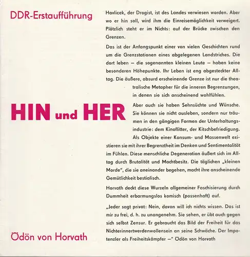 Eduard-von-Winterstein-Theater Annaberg, Heike Schmidt: Programmheft Ödön von Horvath HIN UND HER DDR-Erstaufführung 1988. 