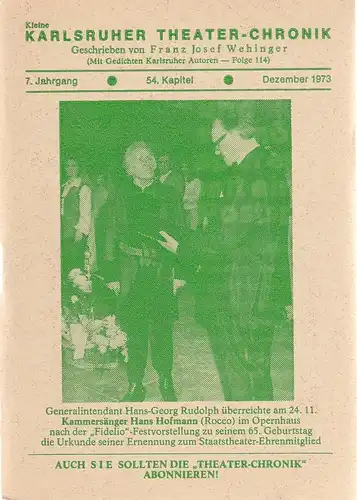 Franz Josef Wehinger: Kleine Karlsruher Theater-Chronik 7. Jahrgang 54. Kapitel Dezember 1973. 