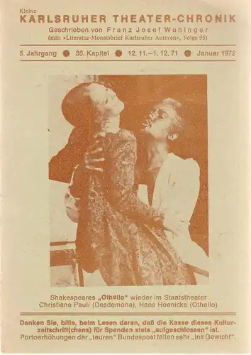 Franz Josef Wehinger: Kleine Karlsruher Theater-Chronik 5. Jahrgang 35. Kapitel 12. 11. - 1. 12. 71 Januar 1972. 