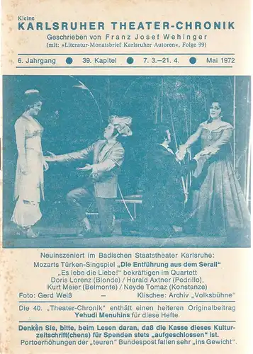 Franz Josef Wehinger: Kleine Karlsruher Theater-Chronik 6. Jahrgang 39. Kapitel 7. 3. - 21. 4. Mai 1972. 