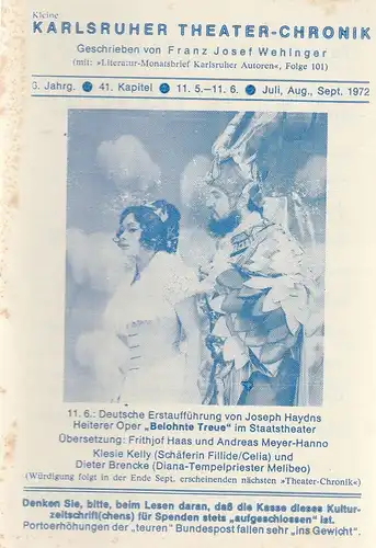 Franz Josef Wehinger: Kleine Karlsruher Theater-Chronik 6. Jahrgang 41. Kapitel 11. 5. - 11. 6. Juli August September 1972. 