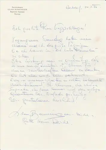Lilian Benningsen: Handgeschriebener Brief der Kammersängerin Lilian Benningsen an Schauspielerin Ruth Kappelsberger 1976. 
