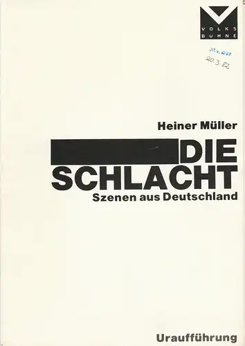 Volksbühne am Luxemburgplatz, Benno Besson, Bernd Frank: Programmheft Uraufführung Heiner Müller DIE SCHLACHT Szenen aus Deutschland Spielzeit 1975 / 76. 