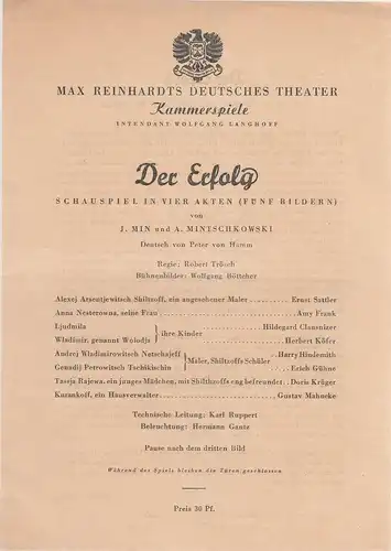 Max Reinhardts Deutsches Theater Kammerspiele, Wolfgang Langhoff: Theaterzettel J. Min / A. Mintschkowski DER ERFOLG. 