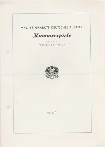 Max Reinhardts Deutsches Theater Kammerspiele, Wolfgang Langhoff: Theaterzettel Johann Wolfgang Goethe IPHIGENIE AUF TAURIS. 