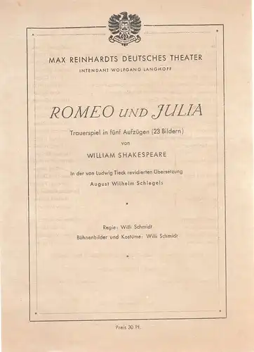 Max Reinhardts Deutsches Theater, Wolfgang Langhoff: Theaterzettel William Shakespeare ROMEO UND JULIA. 