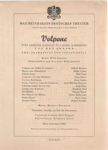 Max Reinhardts Deutsches Theater, Wolfgang Langhoff: Theaterzettel Ben Jonson / Stefan Zweig VOLPONE. 