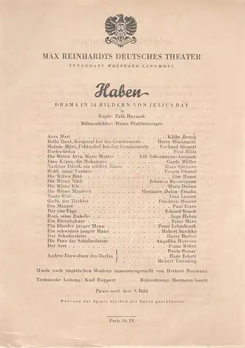 Max Reinhardts Deutsches Theater, Wolfgang Langhoff: Theaterzettel Julius Hay HABEN. 