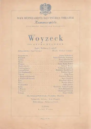 Max Reinhardts Deutsches Theater Kammerspiele, Wolfgang Langhoff: Theaterzettel Georg Büchner WOYZECK. 