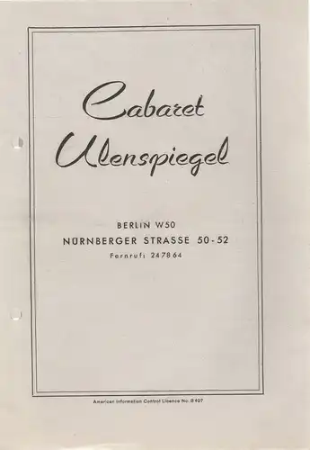 Cabaret Ulenspiegel, Friedrich Pasche, P. W. Brocker-Werbung: Programmheft BITTE WÄHLEN ! September - Oktober 1946. 