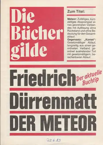 Theater im Palast, Vera Oelschlegel, Manfred Haacke, Gerhard Kruschel: Programmheft Friedrich Dürrenmatt DER METEOR DDR-Erstaufführung am 12. Dezember 1982 7. Spielzeit. 