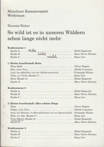 Münchner Kammerspiele, Dieter Dorn, Laura Olivi, Corina Zuber: Programmheft Uraufführung So wild ist es in unseren Wäldern schon lange nicht mehr von Theresia Walser 4. November 2000 Werkraum Spielzeit 2000 / 2001 Heft 2. 