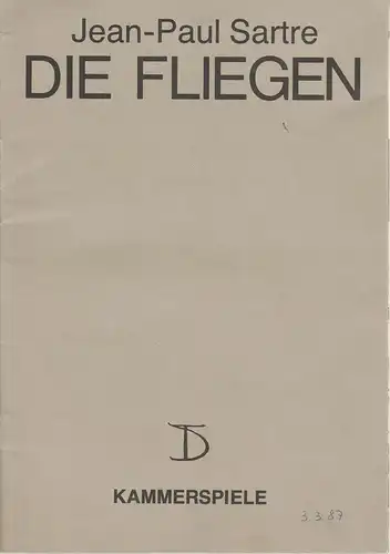 Deutsches Theater Berlin, Staatstheater der DDR, Dieter Mann, Thomas Fritz, Heinz Rohloff: Programmheft Jean-Paul Sartre DIE FLIEGEN DDR-Erstaufführung Premiere 24. Januar 1987 Kammerspiele Spielzeit 1986 / 87. 