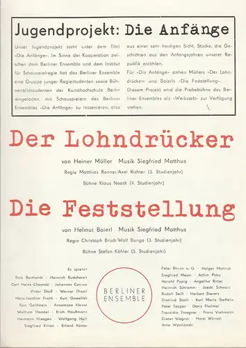 Berliner Ensemble: Werbeflyer Heiner Müller DER LOHNDRÜCKER / Helmut Baierl DIE FESTSTELLUNG. 