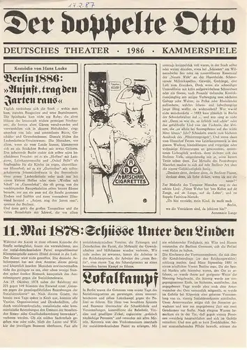 Deutsches Theater Berlin Kammerspiele, Dieter Mann, Hans Nadolny, Grischa Meyer: Programmheft Hans Lucke DER DOPPELTE OTTO Premiere 15. März 1986 Spielzeit 1985 / 86. 