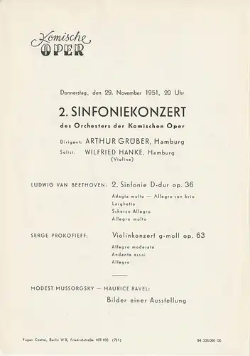 Komische Oper: Theaterzettel 2. SINFONIEKONZERT  DES ORCHESTERS DER  KOMISCHEN OPER 29. November 1951 Spielzeit 1951 / 52. 