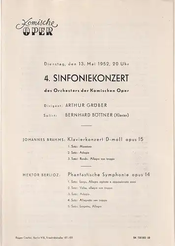 Komische Oper: Programmheft 4. SINFONIEKONZERT  DES ORCHESTERS DER  KOMISCHEN OPER 13. Mai 1952 Spielzeit 1951 / 52. 