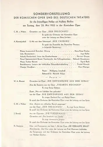 Komische Oper: Theaterzettel SONDERVORSTELLUNG DER KOMISCHEN OPER UND DES DEUTSCHEN THEATERS 25. Mai 1962 Komische Oper Spielzeit 1951 / 52. 
