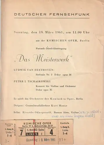 Deutscher Fernsehfunk: Theaterzettel Fernseh-Direktübertragung DAS MEISTERWERK 19. März 1961 Komische Oper Berlin. 