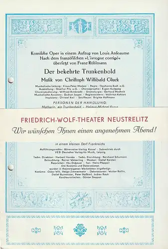 Friedrich-Wolf-Theater Neustrelitz, J. A. Weindich, Gerhard Machnik, Klaus Weindich: Programmheft Christoph Willibald Gluck DER BEKEHRTE TRUNKENBOLD / Carl Maria von Weber ABU HASSAN Premiere 19. Februar 1984 Heft 4 / 84. 