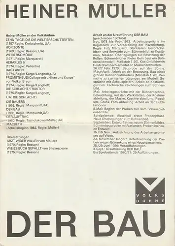 Volksbühne Berlin Rosa-Luxemburg-Platz, Fritz Rödel. Otto Fritz Hayner: Programmheft Heiner Müller DER BAU Spielzeit 1981 / 82. 