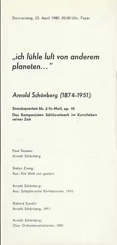 Komische Oper Berlin, Gerhard Müller: Programmheft Arnold Schönberg ICH FÜHLE LUFT VON ANDEREM PLANETEN 20. April 1989 Foyer Komische Oper Spielzeit 1988 / 89. 