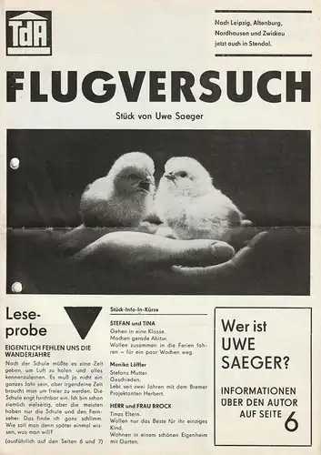 Theater der Altmark Stendal, Ulrich Hammer, Winfreid Marquardt: Programmheft Uwe Saeger FLUGVERSUCHE Spielzeit 1984 / 85 Heft 15. 