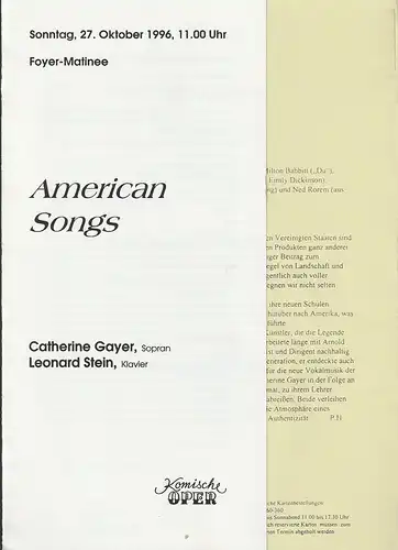 Komische Oper Berlin, Albert Kost, Peter Huth: Programmheft  AMERICAN SONGS CATHERINE GAYER / LEONARD STEIN 27. Oktober 1996  Foyer-Matinee Komische Oper Spielzeit 1996 / 97. 