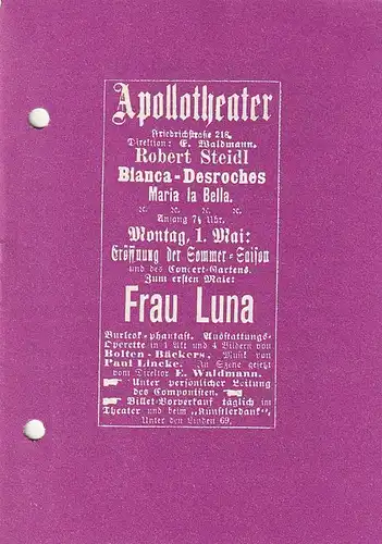 Theater Rudolstadt, Manfred Heine, Marita Bahr: Programmheft Paul Lincke FRAU LUNA Spielzeit 1986 / 87 Heft Nr. 6. 