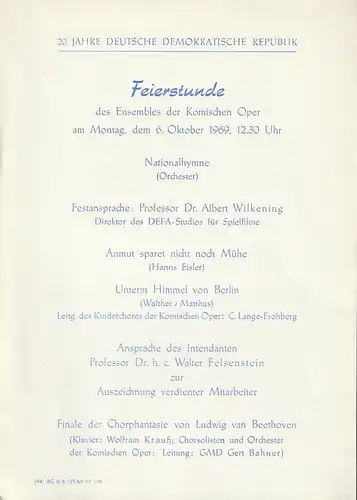 Komische Oper Berlin: Theaterzettel FEIERSTUNDE 20 JAHRE DEUTSCHE DEMOKRATISCHE REPUBLIK des Ensembles der Komischen Oper 6. Oktober 1969. 