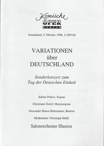 Komische Oper Berlin: Programmheft VARIATIONEN ÜBER DEUTSCHLAND 3. Oktober 1998. 