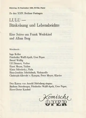Komische Oper Berlin, Eginhard Röhlig: Programmheft LULU - BÄNKELSANG UND LEBENSBEICHTE 30. September 1980. 