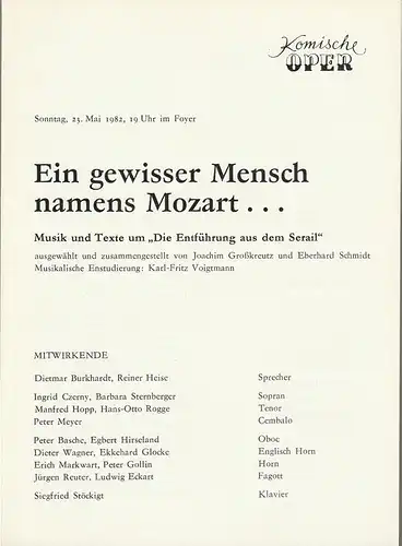 Komische Oper Berlin: Programmheft EIN GEWISSER MENSCH NAMENS MOZART 23. Mai 1982. 