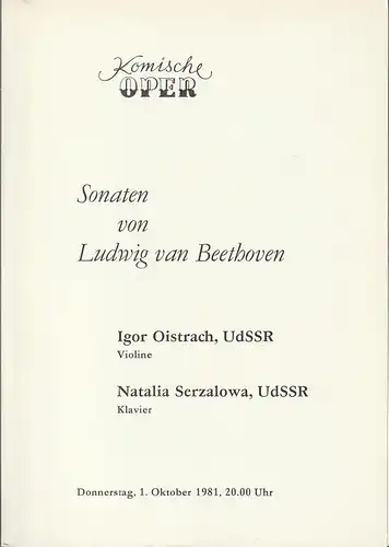 Komische Oper Berlin: Programmheft SONATEN VON LUDWIG VAN BEETHOVEN 1. Oktober 1981. 