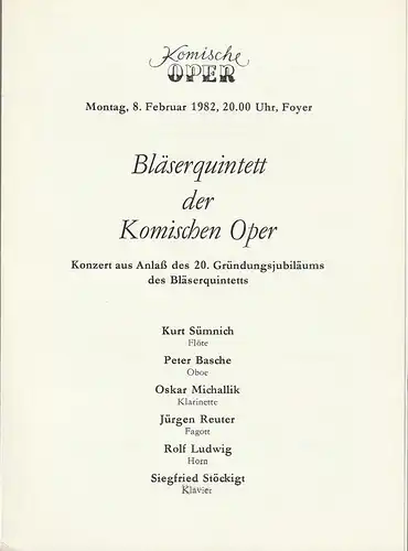 Komische Oper Berlin: Programmheft BLÄSERQUINTETT DER KOMISCHEN OPER 8. Februar 1982. 