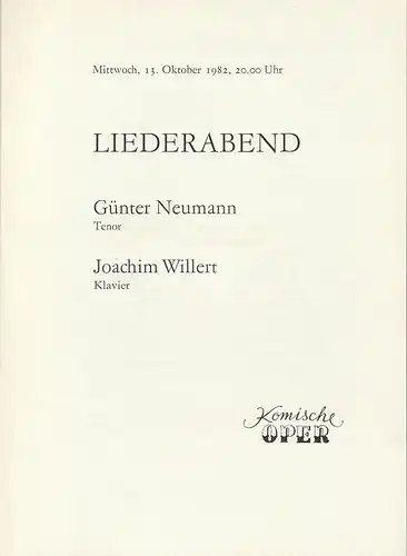 Komische Oper Berlin: Programmheft LIEDERABEND GÜNTER NEUMANN 13. Oktober 1982 Komische Oper Spielzeit 1982 / 83. 